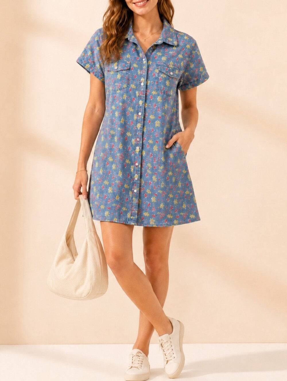 Levis Ditsy Floral Denim Pearl Snap-Front Mini Casual Romantic Shirtdress